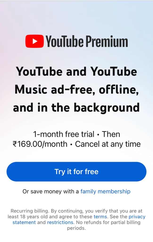 YouTube premium free trial
