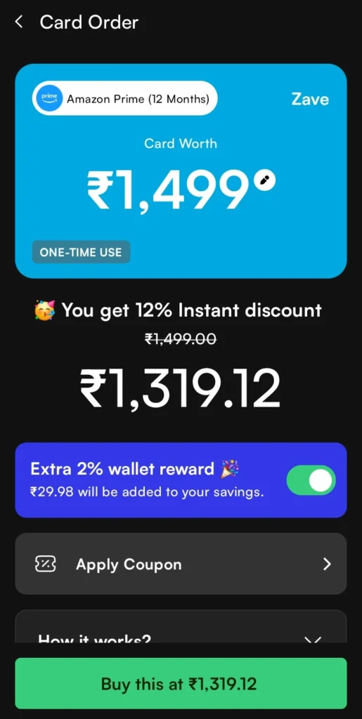 Amazon Prime gift card on Zave