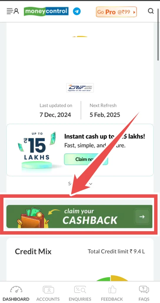 Claim your cashback on Money Control