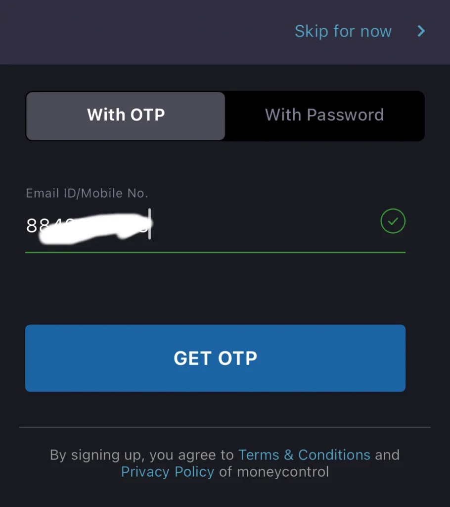 Start registration on Money Control app