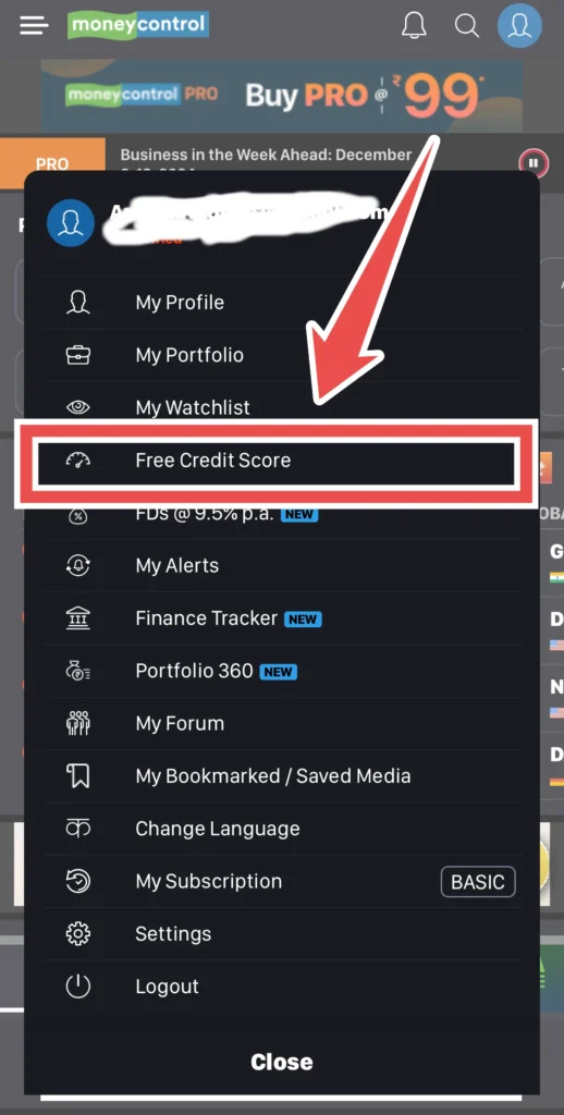 Free credit score on Money Control app