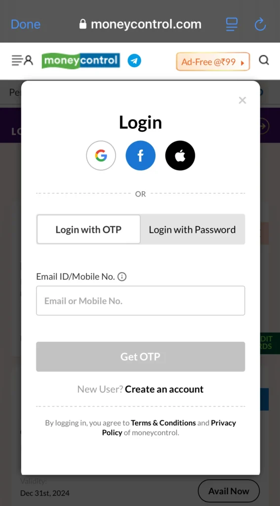 Enter mobile number on Money control 