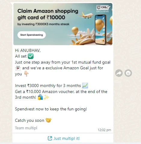 Multipl WhatsApp message invest ₹9000 and get Amazon gift voucher