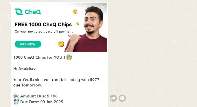 CheQ app offer notification on WhatsApp