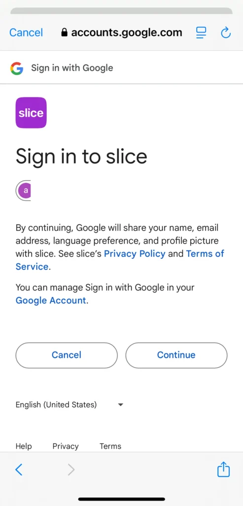 Choose Google Email account on Slice