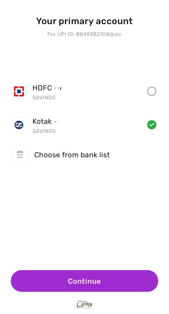 Select bank account for UPI on Slice
