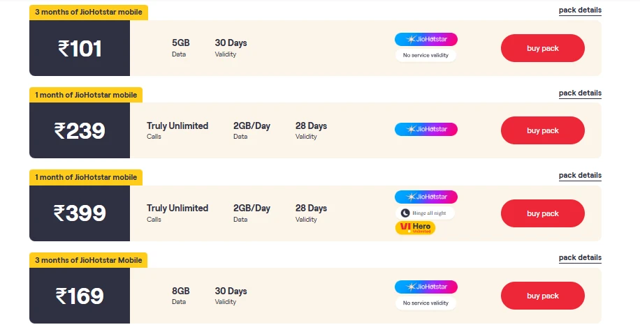 VI Hotstar mobile plans