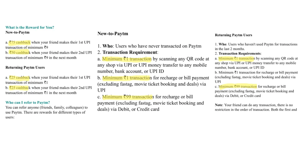 Screenshot from Paytm app, referral programs terms and condition 