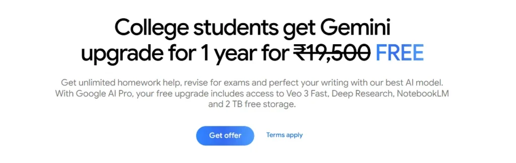 Gemini Pro for Students Free banner image from Gemini Page