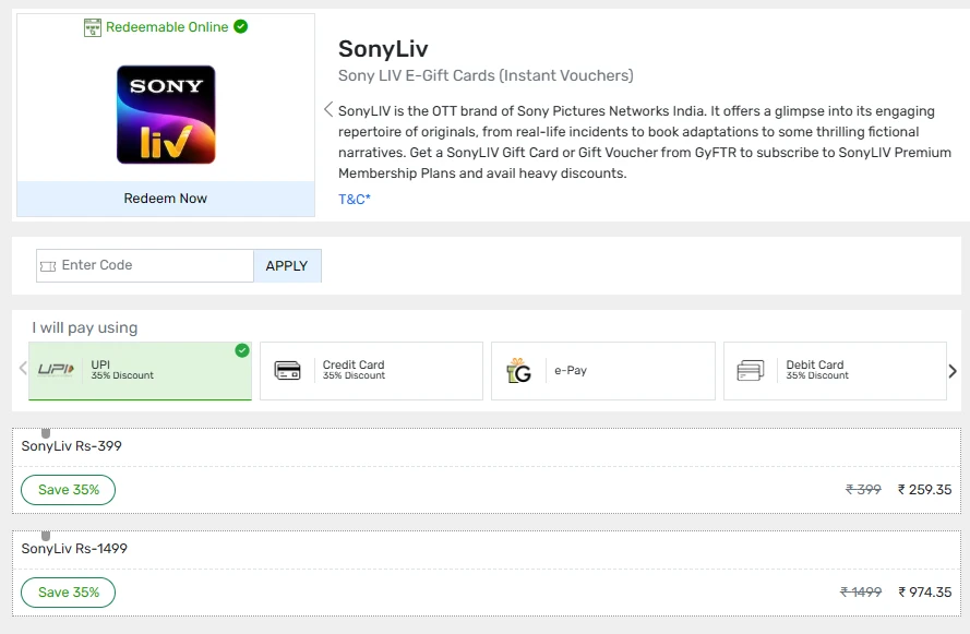 Sony LIV E-Gift Cards (Instant Vouchers) GyFTR